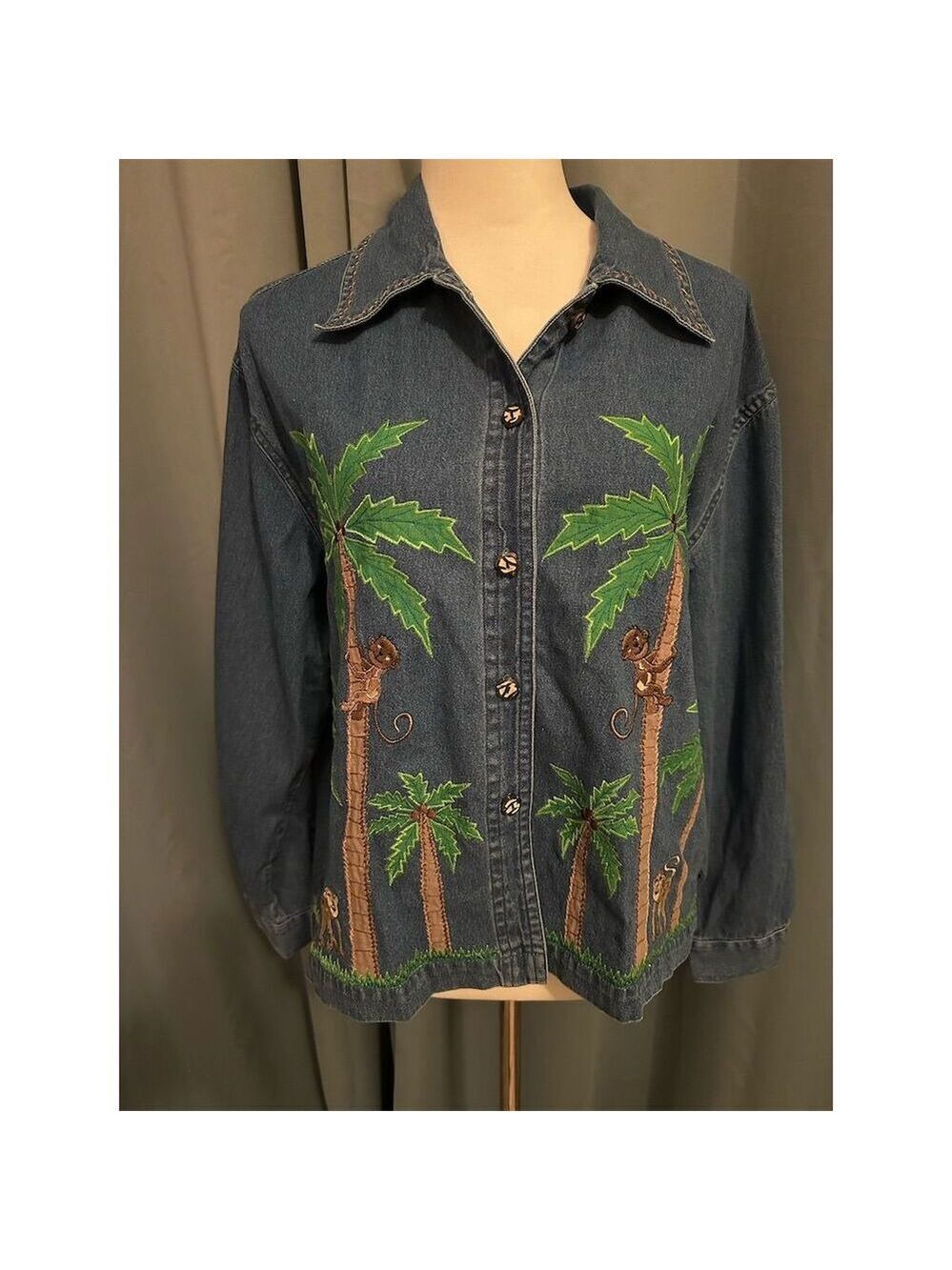 Chelsea & Theodore Women's Denim Shirt Jacket Embroidered Monkeys S